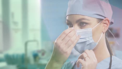 Animation-of-flag-of-ireland-over-female-doctor-putting-on-face-mask