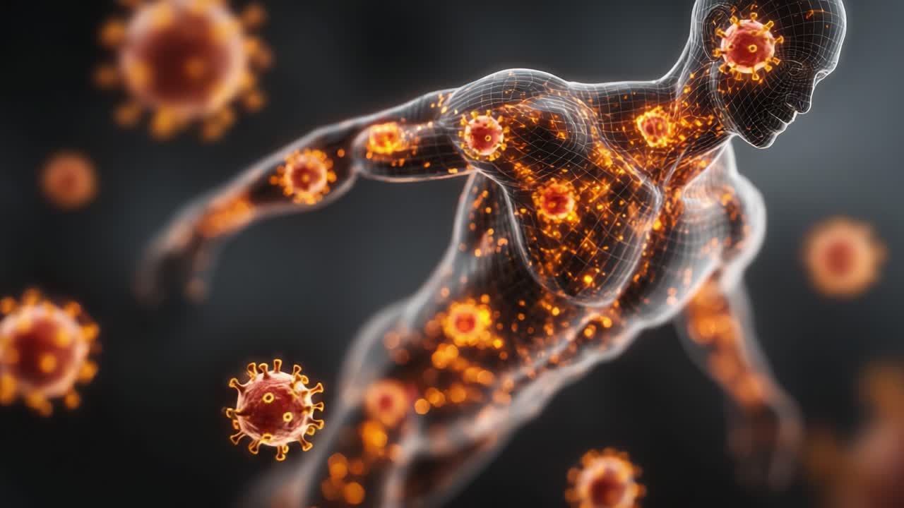 Visualizzazione concettuale dell'anatomia umana con focus sulle interazioni virali: una rappresentazione dinamica del corpo umano in relazione alla presenza microbica.