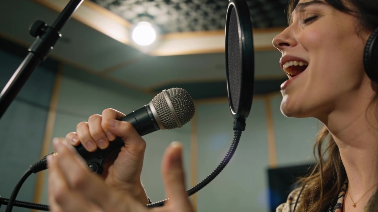 Cantante con una maglietta stampata che tiene un microfono a mano e registra una traccia attraverso un filtro anti-pop in cabina