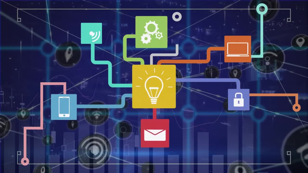 Animation of technology icons over blue screen with network of connections with icons