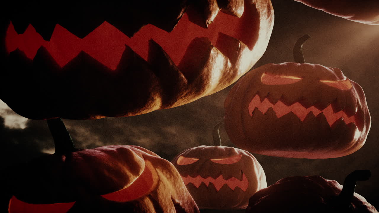 Spooky Jack-o'-Lanterns with Glowing Faces in Dark Fog