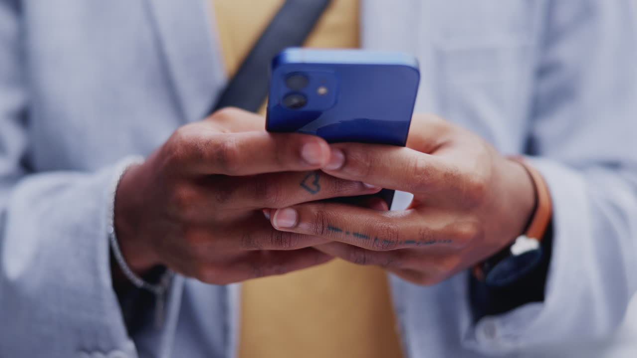 Phone communication, hands and man typing on ui