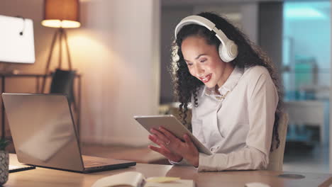 headphones, tablet and happy woman with music