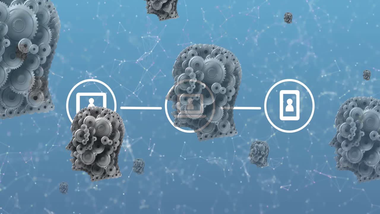 연결 네트워크를 통해  ⁇ 색 디지털 아이콘과 인간 머리의 애니메이션