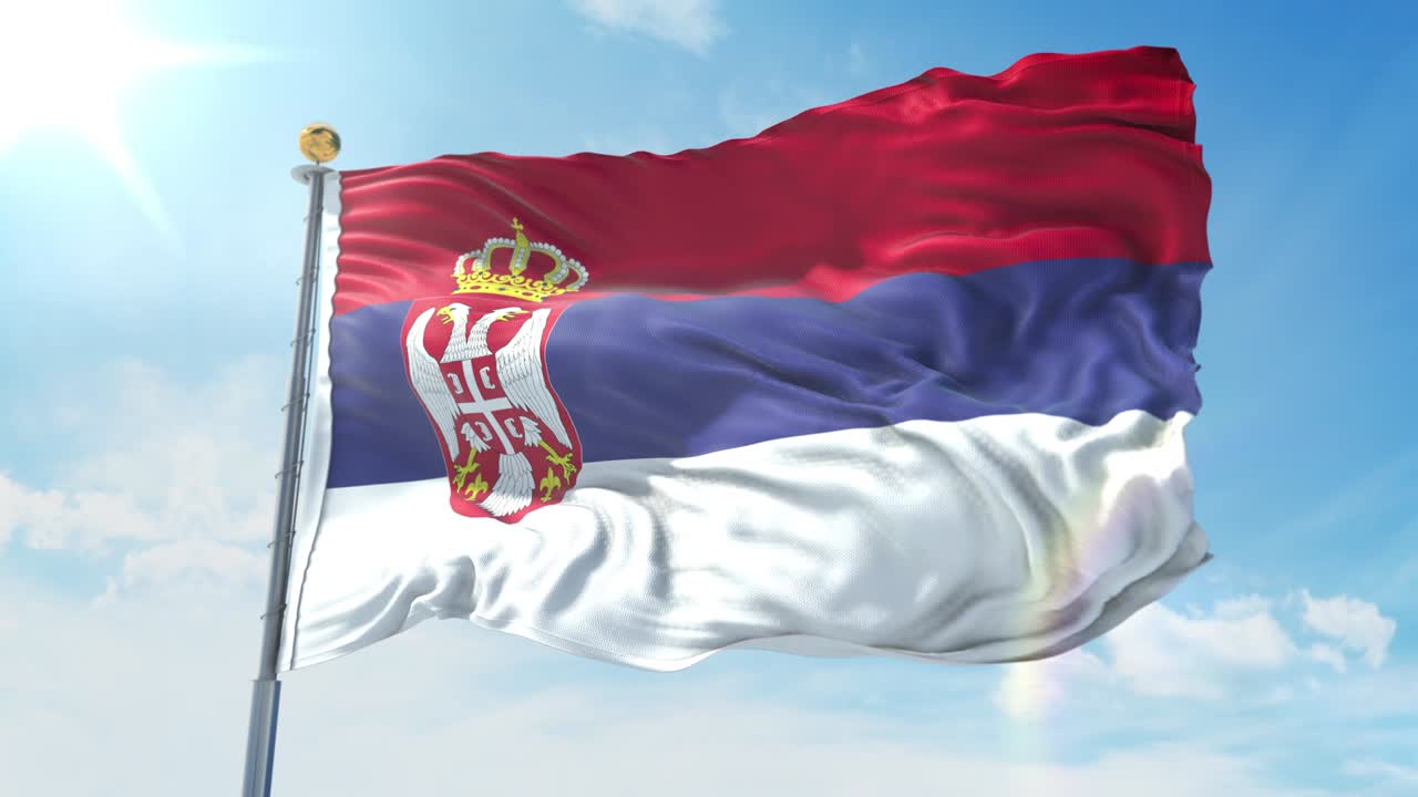 깊은 파란 하늘을 배경으로 바람에 흔들리는 세르비아 발, 국가 테마, 국제 개념, 3d 렌더링, 시엄리스 루프, 4k