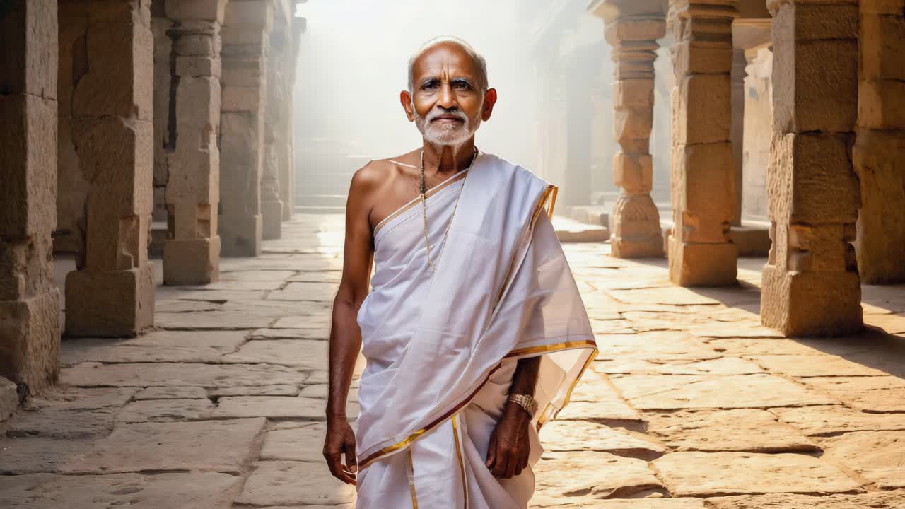 Senior indian priest walking in a temple corridor during a sunny morning, wearing traditional white clothes, with stone pillars on both sides and sunlight entering from the background