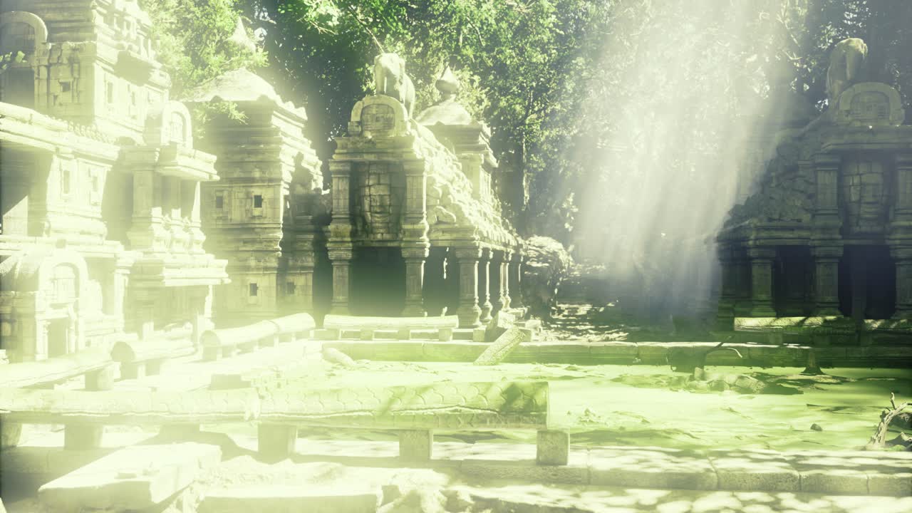 ภาพฟุตเทจสารคดีที่บันทึกภาพซากปรักหักพังเรืองแสงและเสาแกะสลัก
