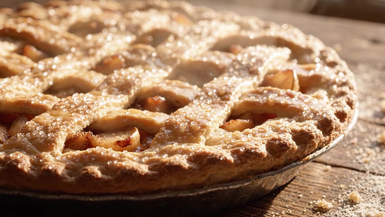 Squisita torta di mele fatta in casa con una crosta a griglia perfetta e cristalli di zucchero scintillanti, appena sfornata alla perfezione dorata, pronta a deliziare il palato.