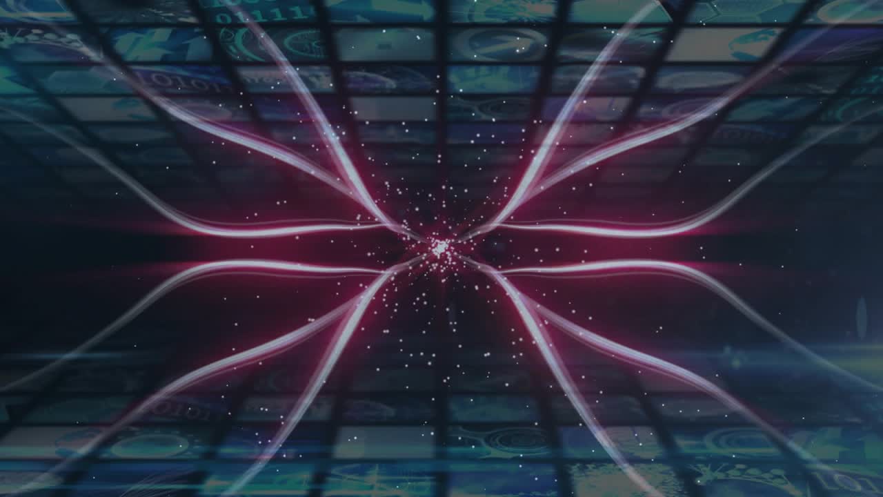 Pink core pulsing and sending magenta tendrils outward, forming looping arms and lighting mosaic