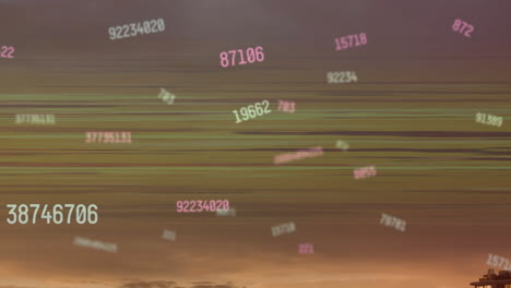 animation of numeric data processing over city skyline at sunset with flickering lines of light