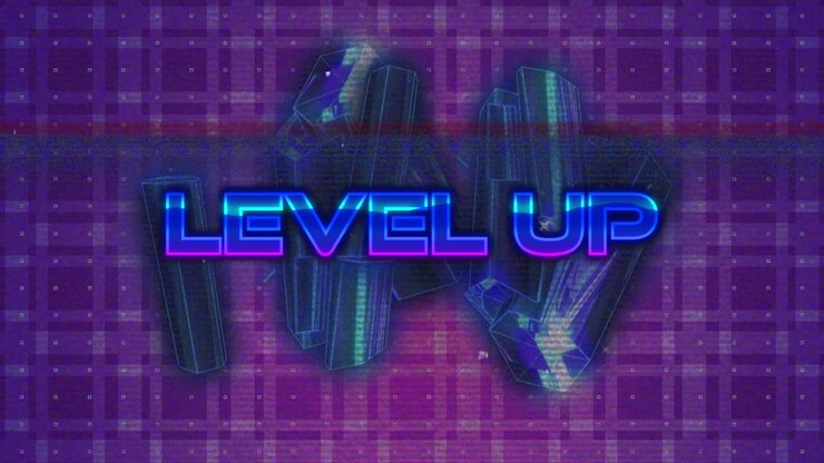 Animation of level up text in blue and cluster of metallic shapes on purple square pattern