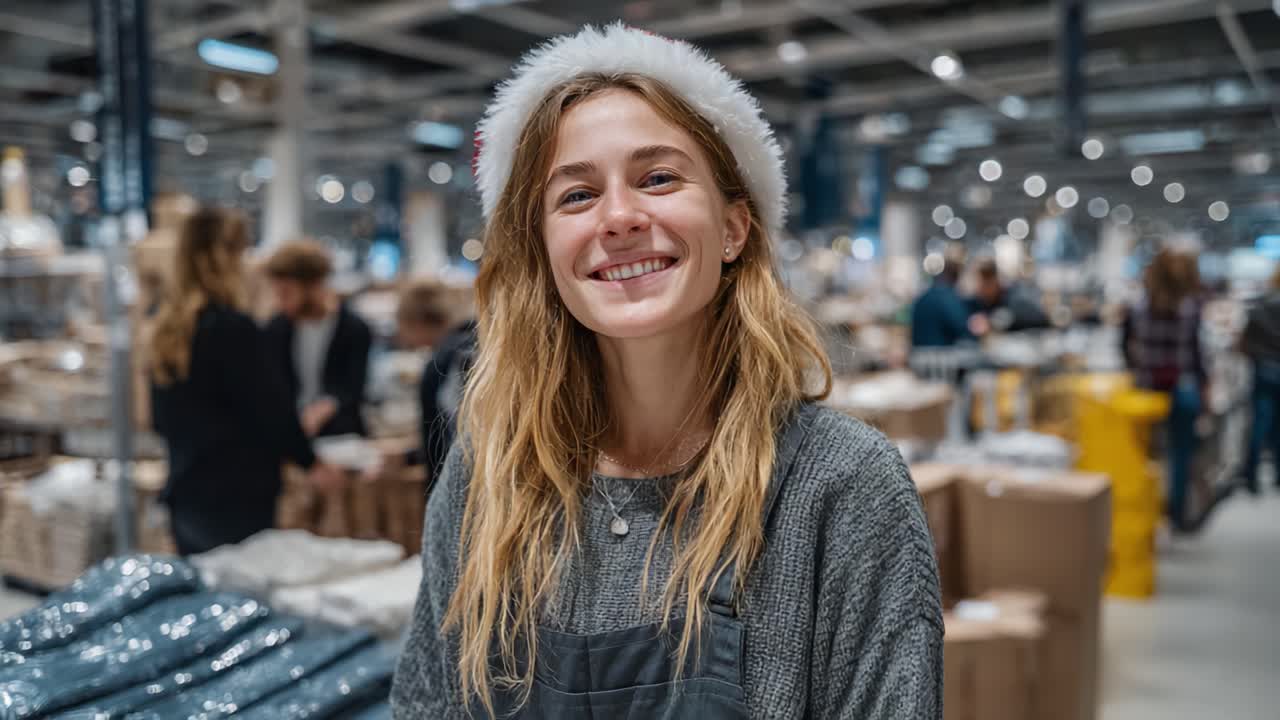 A Joyful Smiling Young Woman in a Winter Hat Spreading Cheer in a Busy Retail Environment Filled with Shoppers and Festive Decorations