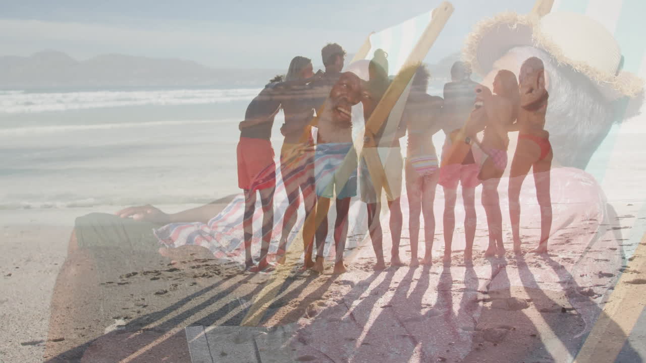 friends standing arm?in?arm at water edge elderly man reclining chair featuring motion health icons