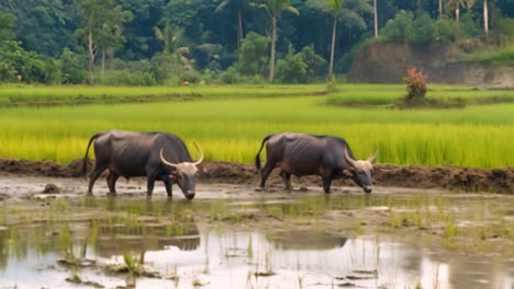water buffalo in a rice paddy