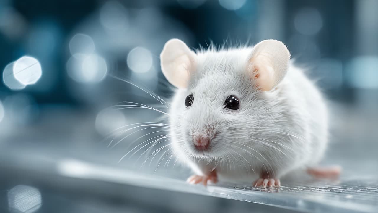 Close-Up Exploration of a Cute White Mouse in a Laboratory Setting, Showcasing Its Adorable Features and Vibrant Environment