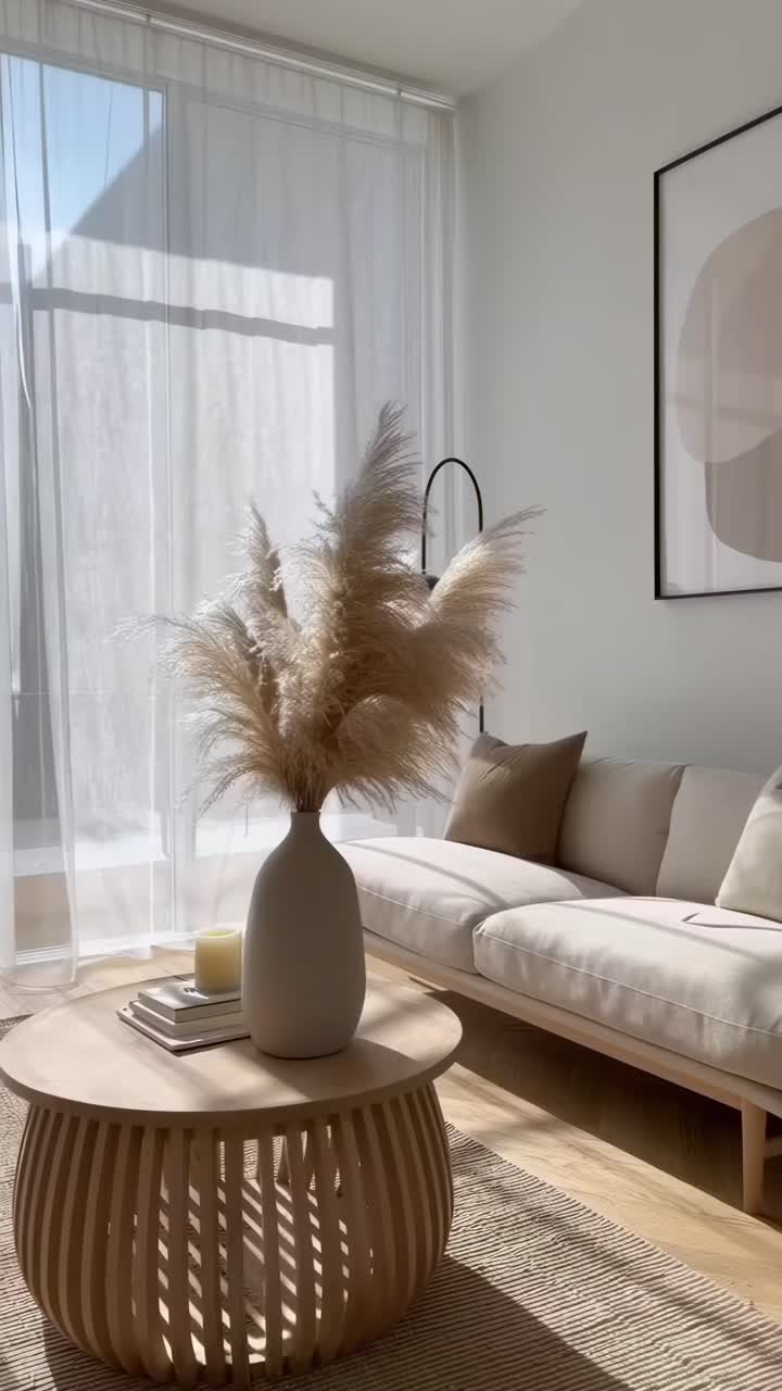 Video av minimalistiskt vardagsrum som visar modern inredning från ett lågt perspektiv