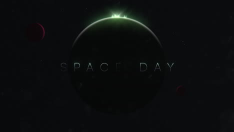 space day text with glowing green planet in celestial darkness