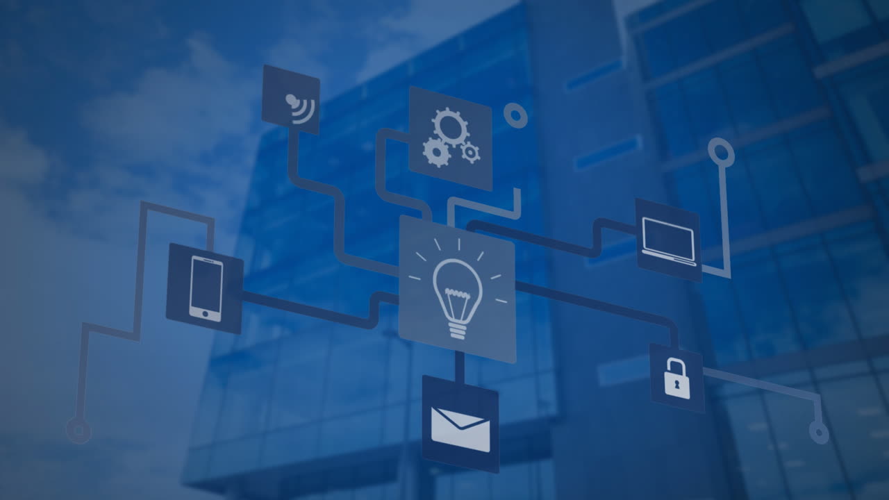 하늘의 구름에 대한 높은 건물 위의 디지털 아이콘 네트워크의 애니메이션