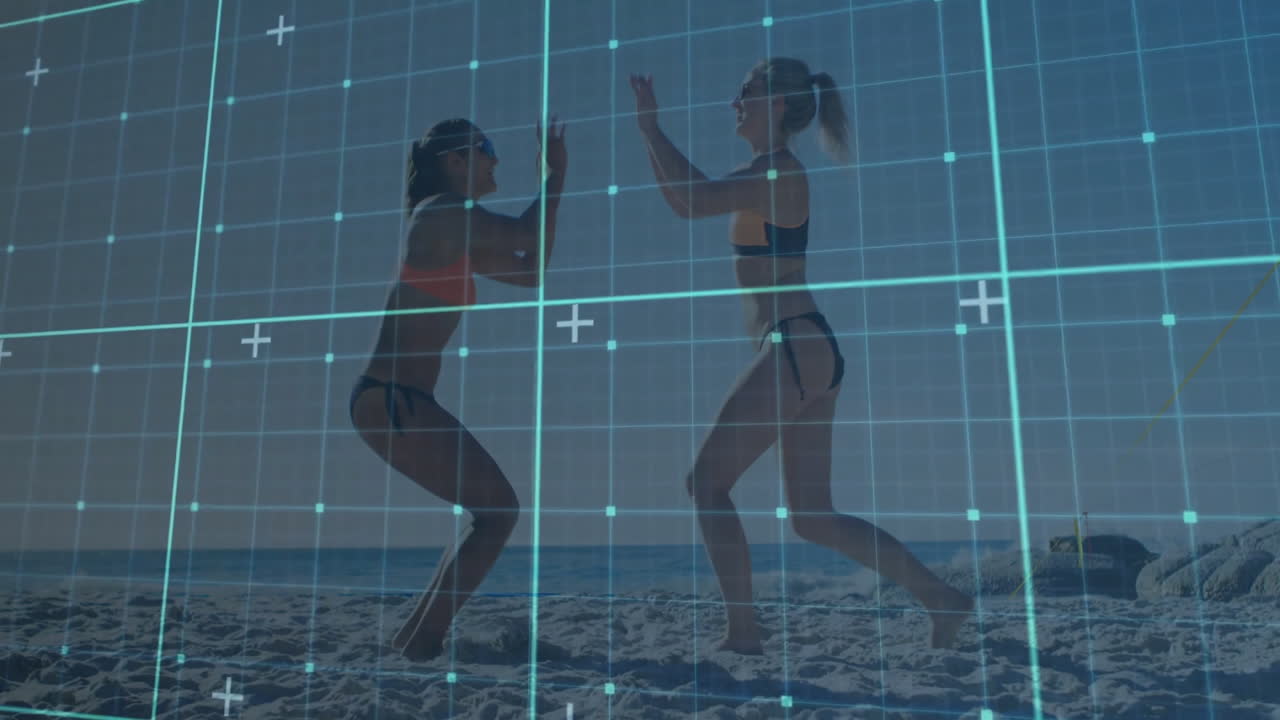Two women playing beach volleyball with digital grid overlay animation