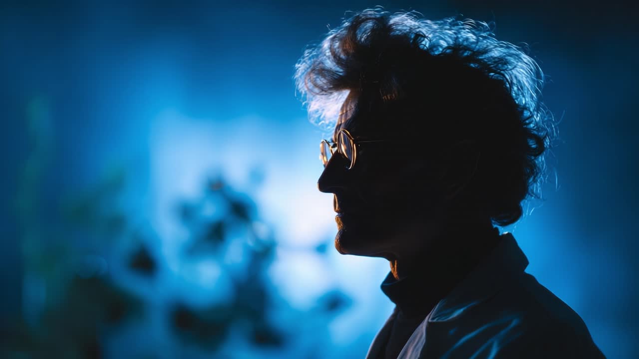 Ein nachdenklicher Wissenschaftler im Profil, der von sanftem blauen Licht beleuchtet wird und einen introspektiven Moment in einer Laborumgebung einfängt, während er über seine Forschungsbemühungen nachdenkt