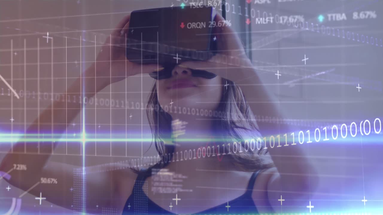 animación del procesamiento de datos sobre mujer caucásica con auriculares vr