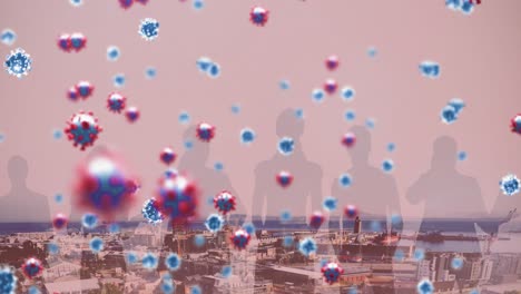 animación de células de covid-19 flotando sobre las siluetas de las personas y el paisaje urbano