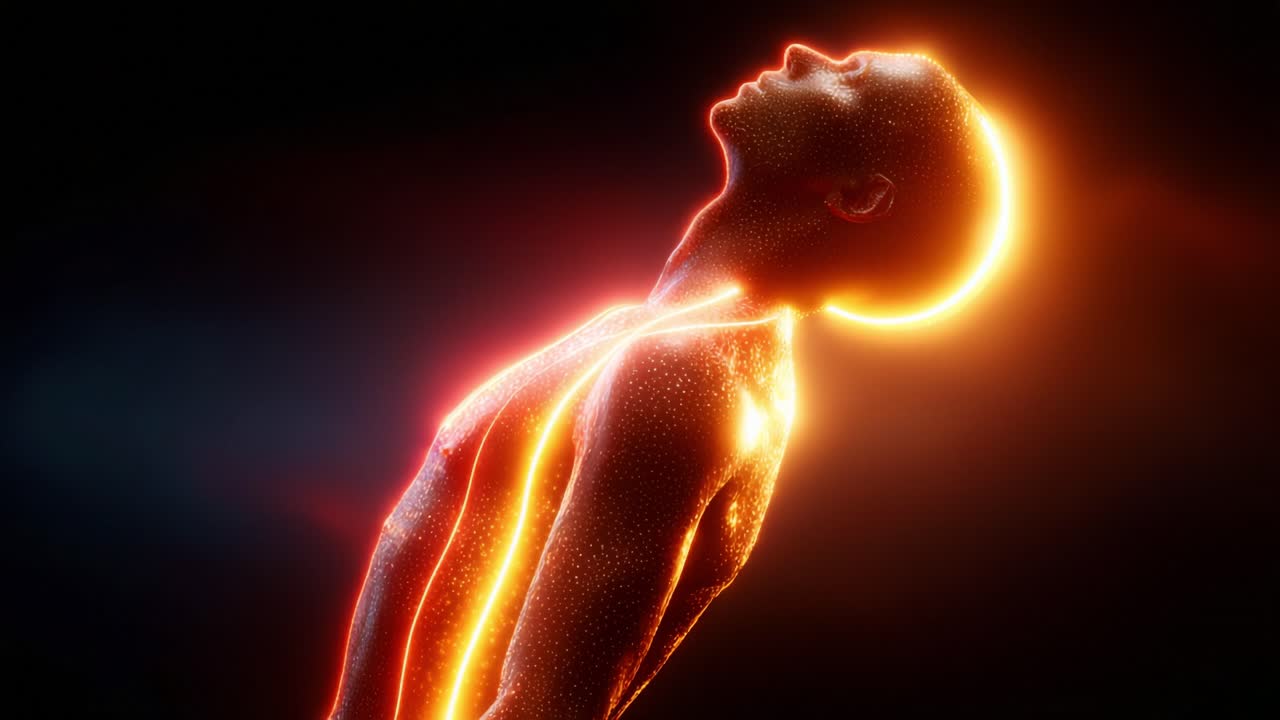 Ethereal Luminescence: A Surreal Exploration of a Radiant Human Form Emerging from the Darkness, Capturing the Essence of Strength, Energy, and Spiritual Connection