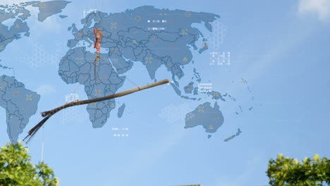 animación del procesamiento de datos sobre el mapa del mundo contra el sitio de construcción