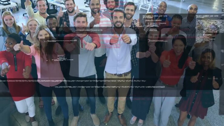 Animation of data processing over business people with thumbs up
