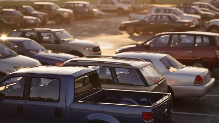 Aparcamiento concurrido lleno de varios vehículos estacionados durante las horas del atardecer