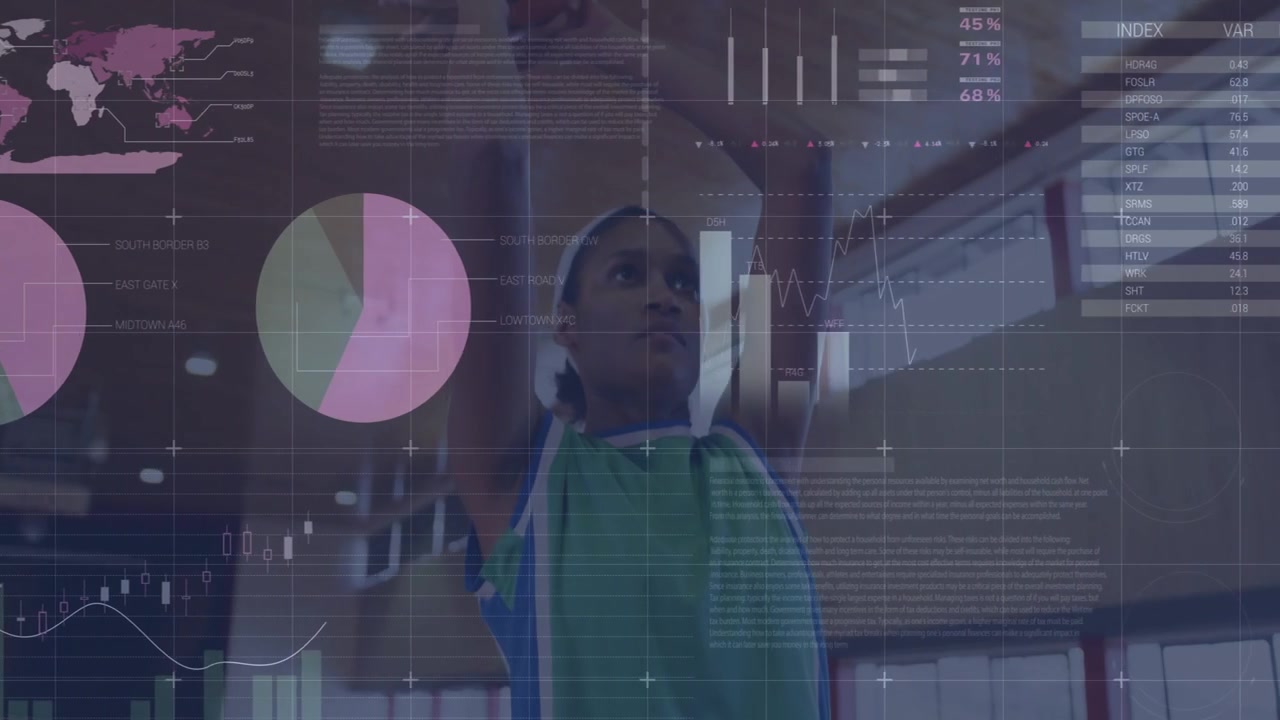 Female athlete dribbling, rising to shoot on court, sports HUD charts initiating for tracking data
