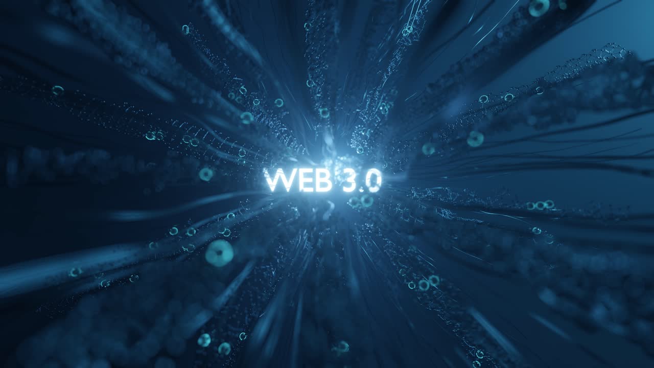 4K animation. The word WEB 3.0 illuminated and glowing on a futuristic animated background.