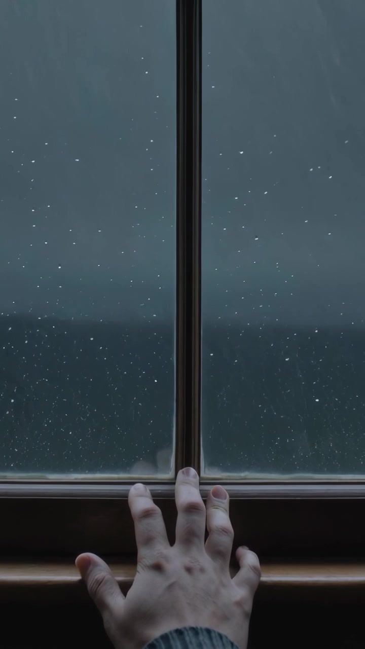 Vertical video: Approaching sleeved hand rising to window, pressing sill and muntin, steadying grip
