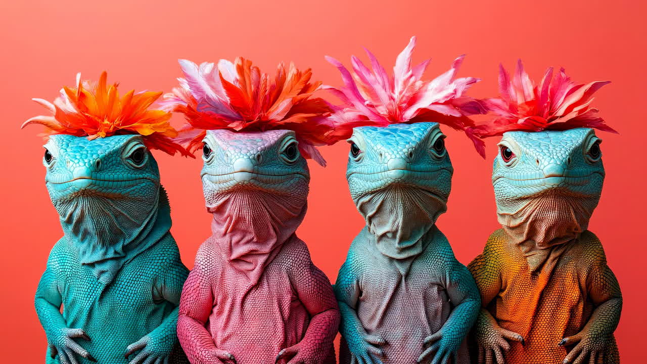 Lizards in flower hats. Four lizards in bright colors wear flower hats. The background is simple, focusing on the animals and their headgear