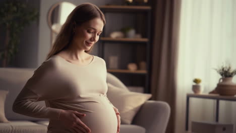 pregnant woman gently holding her belly at home