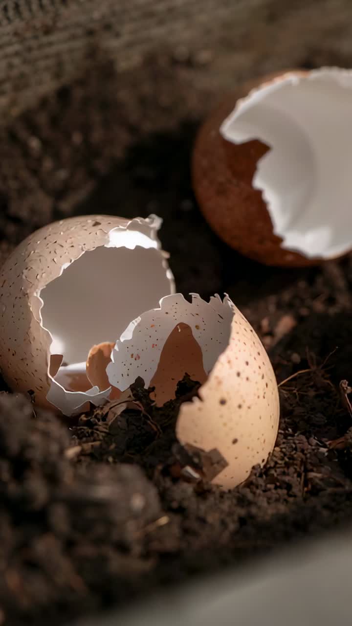 Vertical video: Moving camera showing speckled eggshells in potting soil, exposing inner membrane
