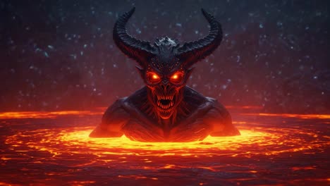 a demonic figure rises from the molten lava, showcasing fierce eyes and sharp teeth, embodying a menacing presence that captivates the viewer's imagination