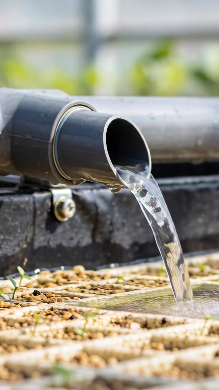 Vertical video: Pouring PVC pipe sending clear water into tray on roof for drainage, with clamp