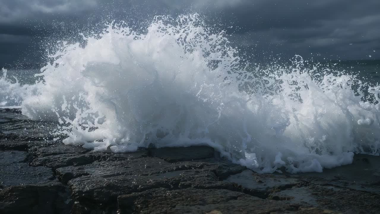Stormbølger treffer lav, steinete kystlinje og sender sprøyten opp, dekker steinene med skum, og trekker seg deretter tilbake