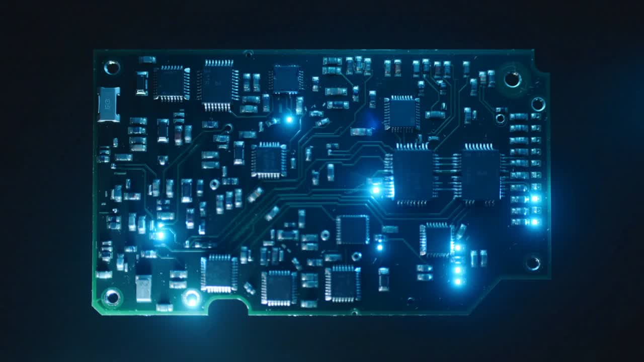 Initial blue LEDs glowing, pulsing PCB showing LEDs moving along traces at dark studio, ICs
