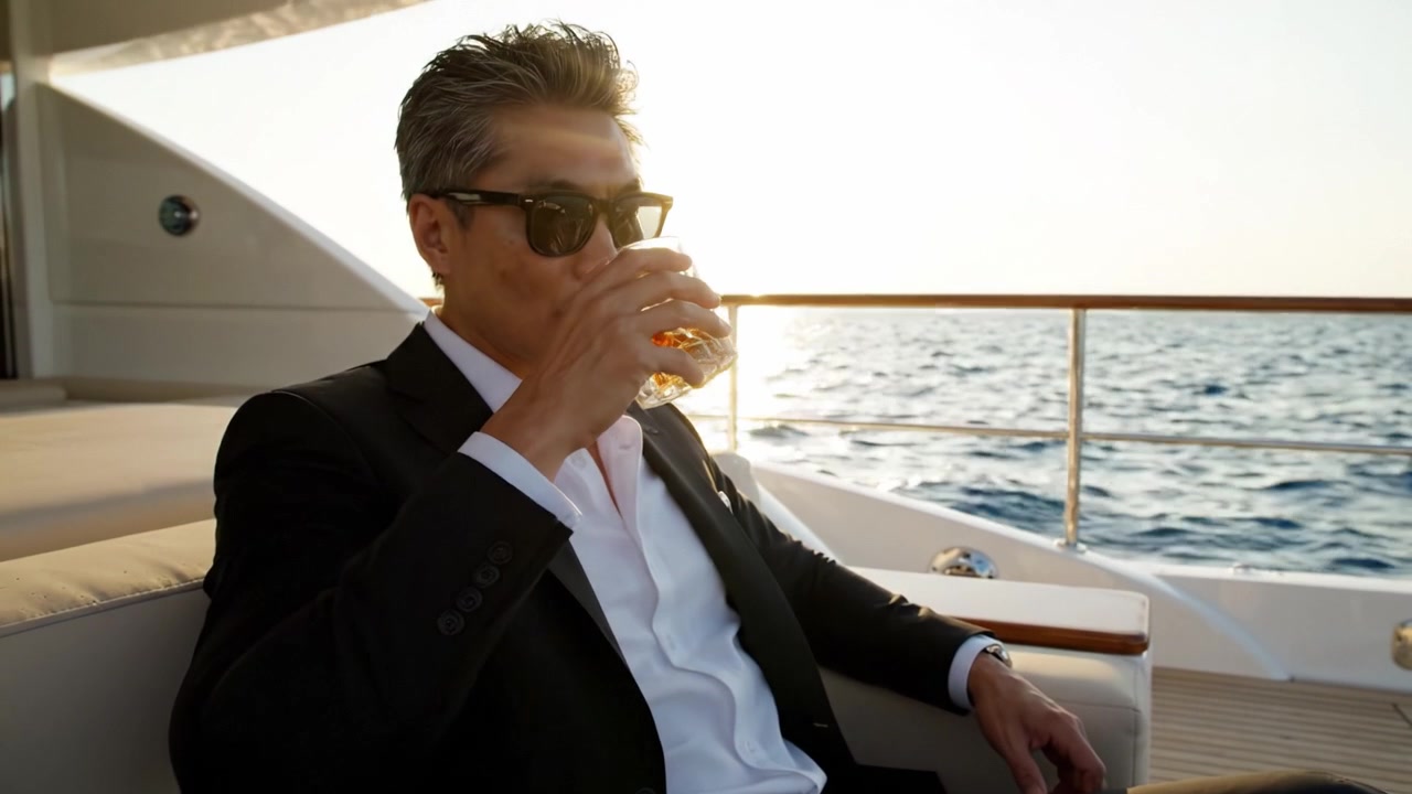 Relajándose en un Yate de Lujo durante la Hora Dorada: Un Hombre Elegante Disfruta de una Bebida mientras Contempla las Tranquilas Olas del Océano y un Hermoso Atardecer