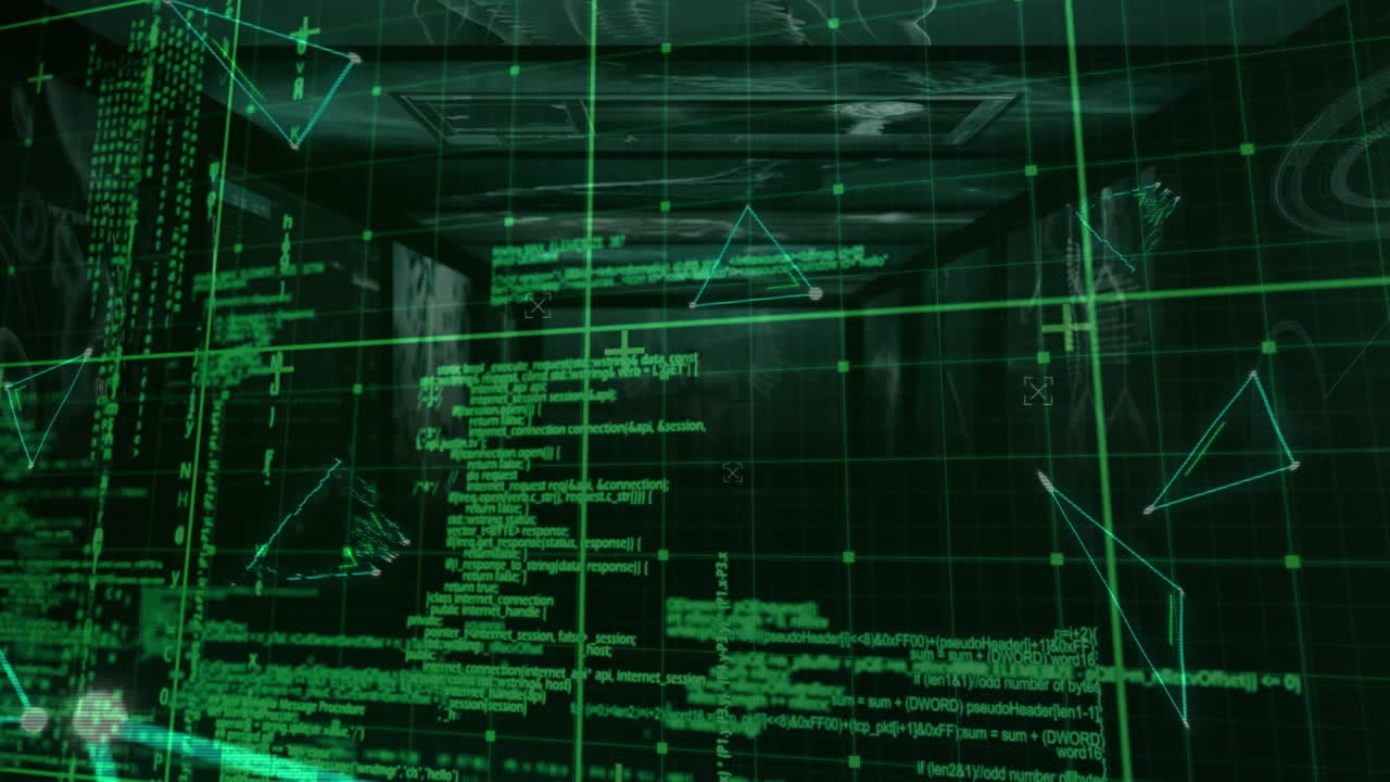 animación de triángulos giratorios y procesamiento de datos en la cuadrícula