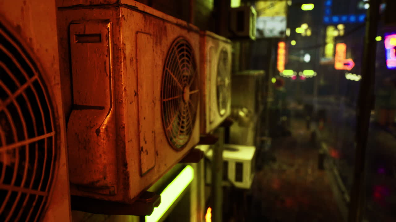 Old air conditioning units line a busy urban street at night