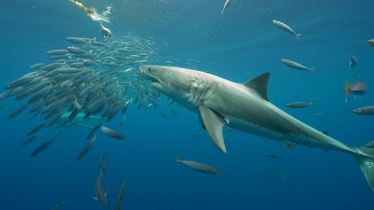 Slow motion shot of a Great White Shark approaches bait, getting close and swimming by while cage diving at the island of Guadalupe, Mexico.