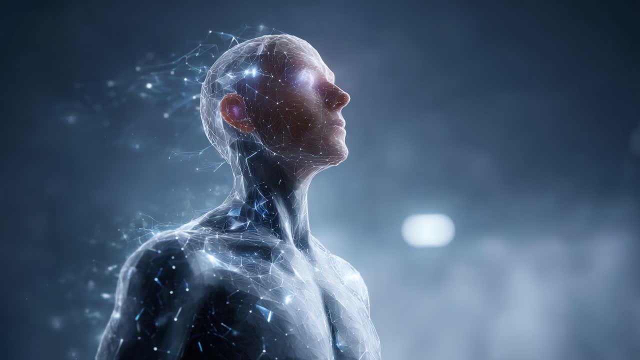 Exploring the Boundaries of Digital Existence: A Luminous Figure Surrounded by a Dynamic Matrix of Light and Energy Symbolizing Advanced Technology and Human Connection