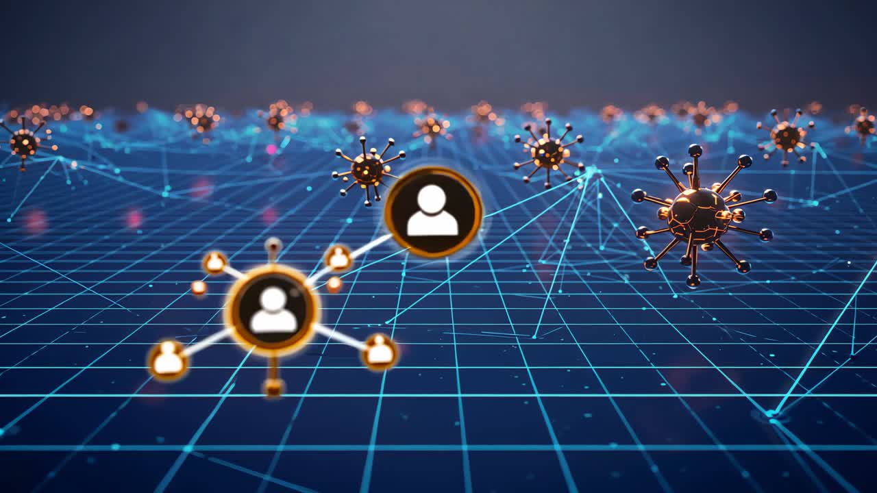 Opening neon-blue grid, avatar circles emerging, drawing lines connecting icons and virus spheres
