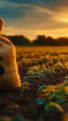 sunlit farm field with money bag. a money bag stands amidst green crops at sunset, symbolizing investment and prosperity in agriculture.