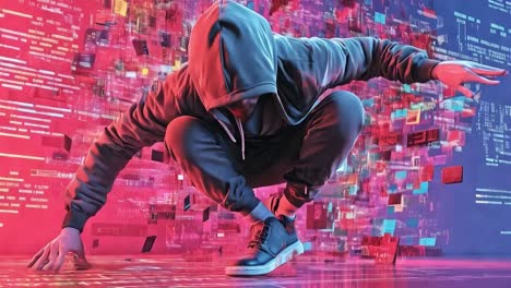 hacker in hoodie squatting