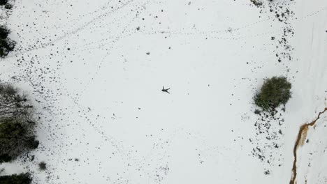 man laying in snow making snow angel, top view, zoom out, israel, odem forest