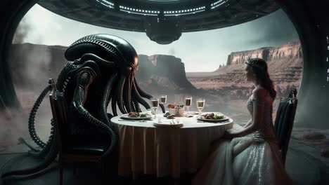 alien and human dinner date in a spaceship